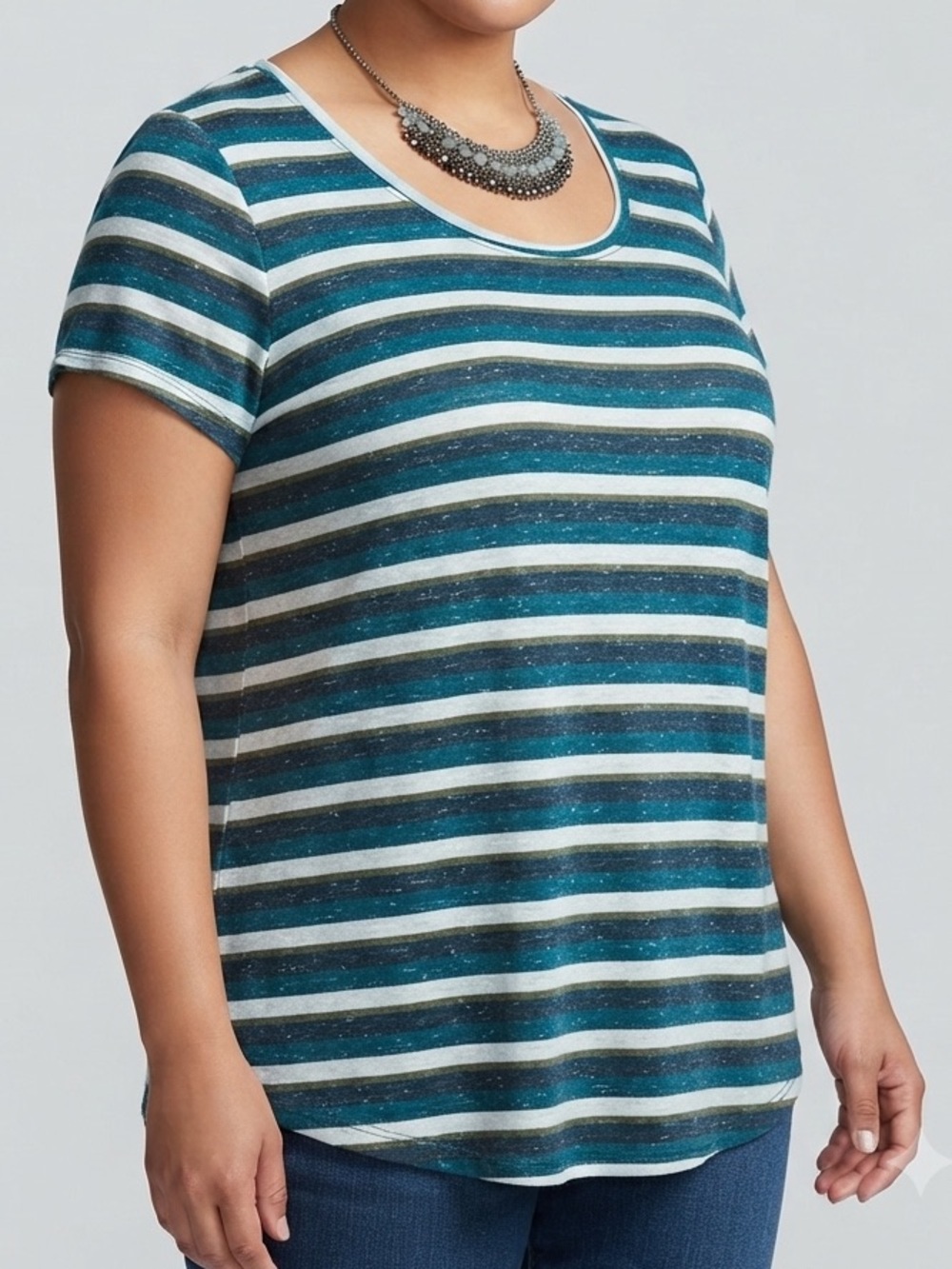 😍CLEARANCE - MYSTYLE Short Sleeve Scoop Neck Tee in Blue White & Green Stripes X